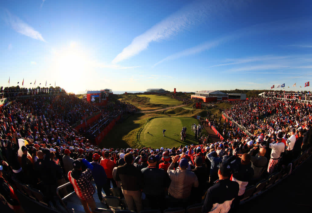 KOHLER, WISCONSIN - SEPTEMBER 24: Lee Westwood of England and team Europe plays his shot from the first tee during Friday Morning Foursome Matches of the 43rd Ryder Cup at Whistling Straits on September 24, 2021 in Kohler, Wisconsin. (Photo by Mike Ehrmann/Getty Images)