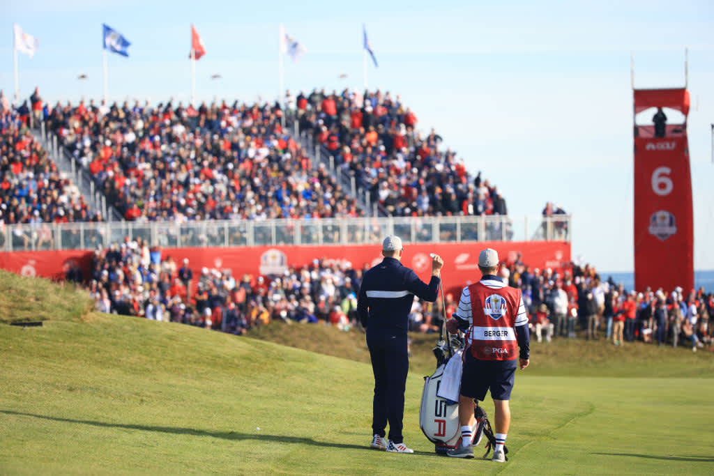 KOHLER, WISCONSIN - SEPTEMBER 24: Daniel Berger of team United States pulls a club from his bag as he prepares to play a shot on the sixth hole during Friday Morning Foursome Matches of the 43rd Ryder Cup at Whistling Straits on September 24, 2021 in Kohler, Wisconsin. (Photo by Mike Ehrmann/Getty Images)