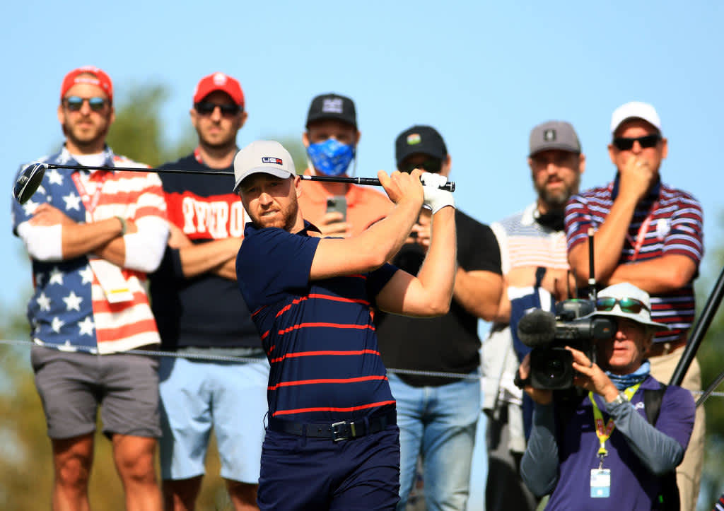 KOHLER, WISCONSIN - SEPTEMBER 24: Daniel Berger of team United States plays his shot from the 15th tee during Friday Morning Foursome Matches of the 43rd Ryder Cup at Whistling Straits on September 24, 2021 in Kohler, Wisconsin. (Photo by Mike Ehrmann/Getty Images)