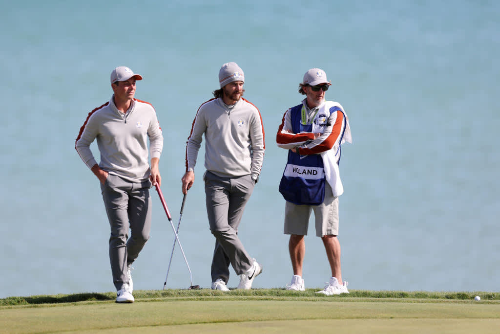 KOHLER, WISCONSIN - SEPTEMBER 25: Viktor Hovland of Norway and team Europe (L) and Tommy Fleetwood of England and team Europe look on during Saturday Morning Foursome Matches of the 43rd Ryder Cup at Whistling Straits on September 25, 2021 in Kohler, Wisconsin. (Photo by Richard Heathcote/Getty Images)
