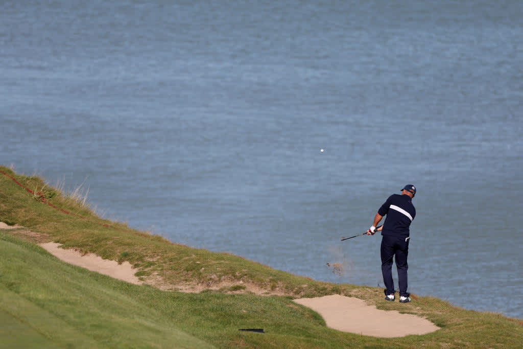 KOHLER, WISCONSIN - SEPTEMBER 25: Bryson DeChambeau of team United States plays his shot on the seventh hole during Saturday Afternoon Fourball Matches of the 43rd Ryder Cup at Whistling Straits on September 25, 2021 in Kohler, Wisconsin. (Photo by Richard Heathcote/Getty Images)