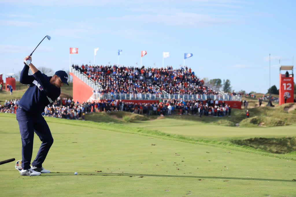 KOHLER, WISCONSIN - SEPTEMBER 25: Bryson DeChambeau of team United States plays his shot from the 12th tee during Saturday Afternoon Fourball Matches of the 43rd Ryder Cup at Whistling Straits on September 25, 2021 in Kohler, Wisconsin. (Photo by Andrew Redington/Getty Images)
