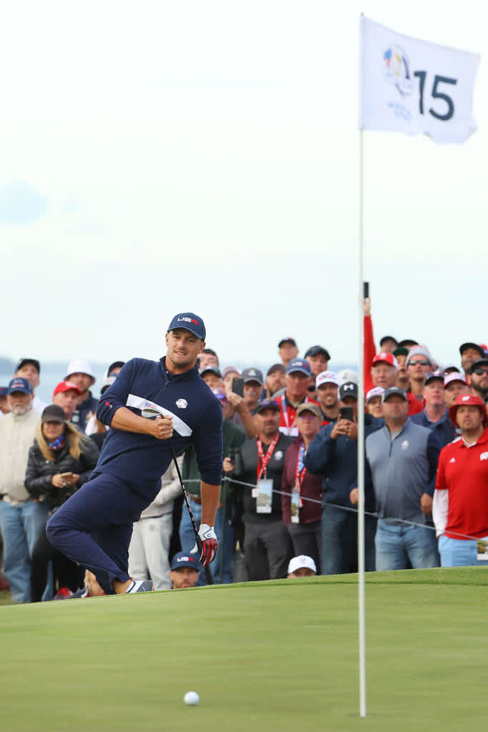 KOHLER, WISCONSIN - SEPTEMBER 25: Bryson DeChambeau of team United States reacts to his shot on the 15th green during Saturday Afternoon Fourball Matches of the 43rd Ryder Cup at Whistling Straits on September 25, 2021 in Kohler, Wisconsin. (Photo by Andrew Redington/Getty Images)