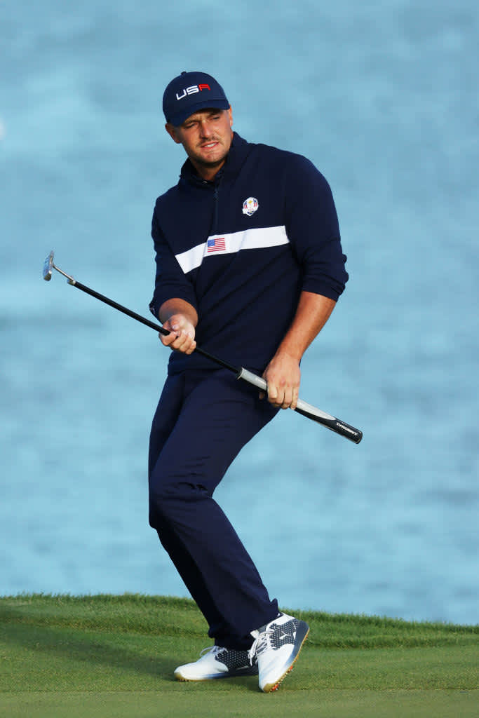 KOHLER, WISCONSIN - SEPTEMBER 25: Bryson DeChambeau of team United States reacts after missing a putt on the 13th green during Saturday Afternoon Fourball Matches of the 43rd Ryder Cup at Whistling Straits on September 25, 2021 in Kohler, Wisconsin. (Photo by Andrew Redington/Getty Images)