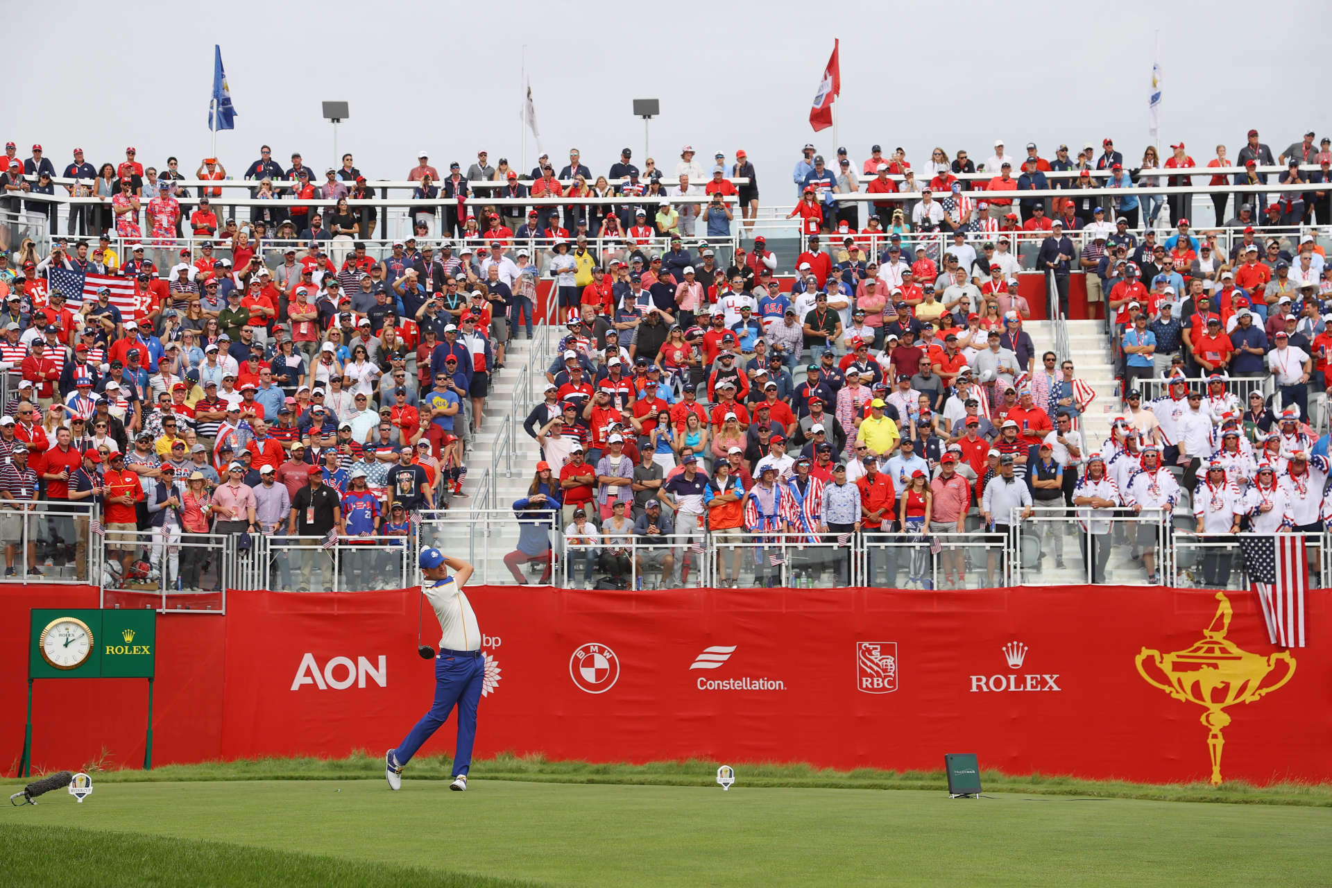 KOHLER, WISCONSIN - SEPTEMBER 26: Bernd Wiesberger of Austria and team Europe plays his shot from the first tee during Sunday Singles Matches of the 43rd Ryder Cup at Whistling Straits on September 26, 2021 in Kohler, Wisconsin. (Photo by Andrew Redington/Getty Images)