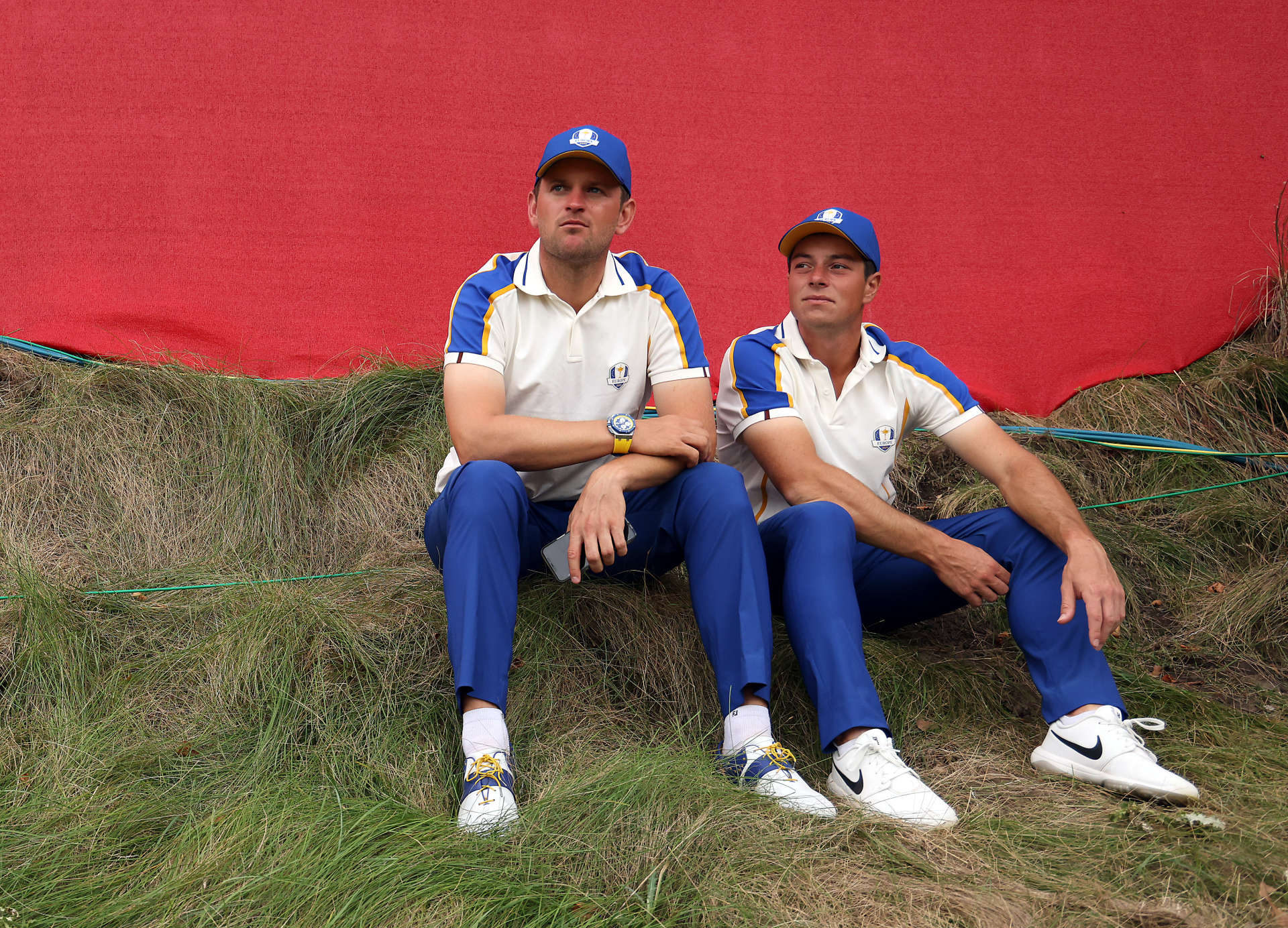 KOHLER, WISCONSIN - SEPTEMBER 26: Bernd Wiesberger of Austria and team Europe and Viktor Hovland of Norway and team Europe look on during their loss to Team United States during Sunday Singles Matches of the 43rd Ryder Cup at Whistling Straits on September 26, 2021 in Kohler, Wisconsin. (Photo by Patrick Smith/Getty Images)