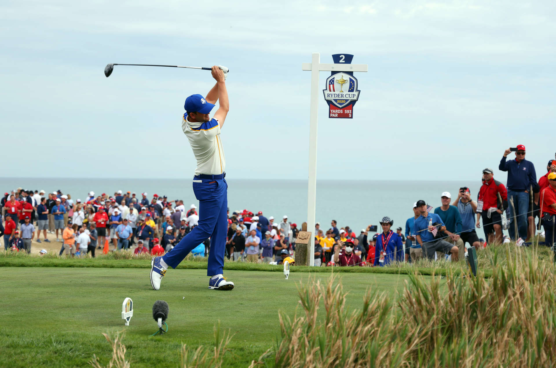 KOHLER, WISCONSIN - SEPTEMBER 26: Bernd Wiesberger of Austria and team Europe plays his shot from the second tee during Sunday Singles Matches of the 43rd Ryder Cup at Whistling Straits on September 26, 2021 in Kohler, Wisconsin. (Photo by Richard Heathcote/Getty Images)