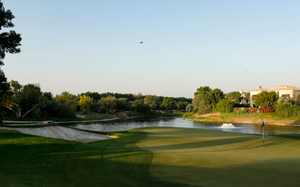 DUBAI, UNITED ARAB EMIRATES - NOVEMBER 16: A general view of the 16th green during The Pro-Am day of The DP World Tour Championship at Jumeirah Golf Estates on November 16, 2021 in Dubai, United Arab Emirates. (Photo by Oisin Keniry/Getty Images)