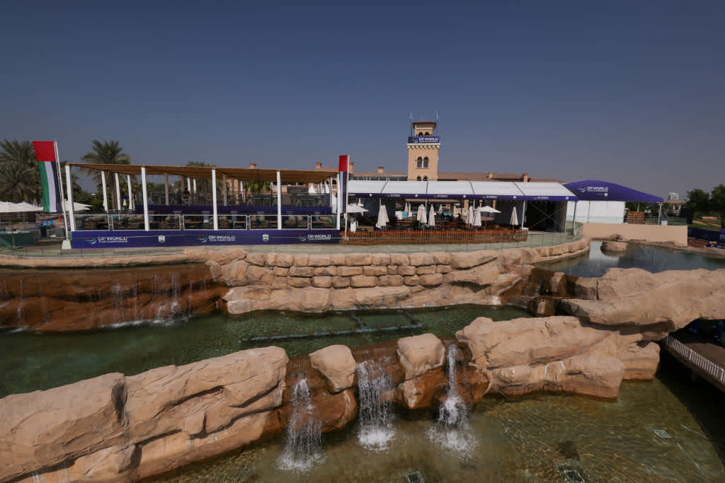 DUBAI, UNITED ARAB EMIRATES - NOVEMBER 17: A view of hospitality on behind the 18th green during practice for The DP World Tour Championship at Jumeirah Golf Estates on November 17, 2021 in Dubai, United Arab Emirates. (Photo by Luke Walker/Getty Images)