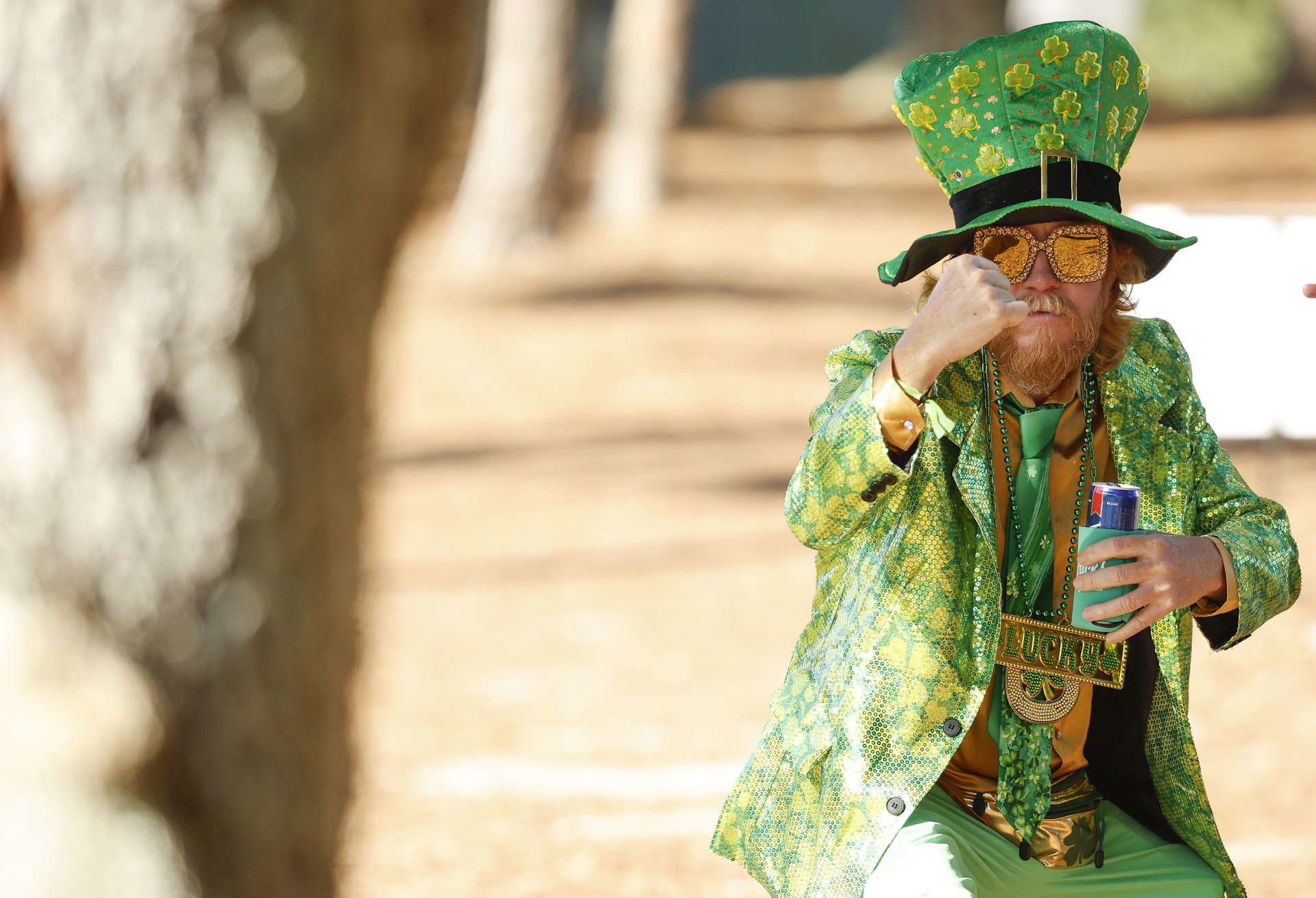 PALM HARBOR, FLORIDA - MARCH 17: A fan dressed in St. Patrick's Day attire is seen during the first round of the Valspar Championship on the Copperhead Course at Innisbrook Resort and Golf Club on March 17, 2022 in Palm Harbor, Florida. (Photo by Cliff Hawkins/Getty Images)