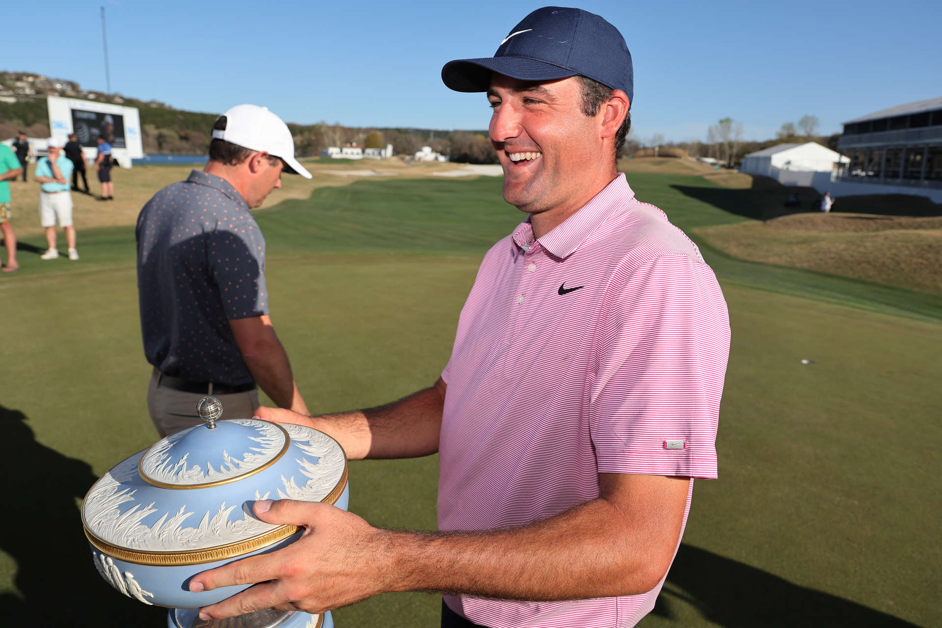 AUSTIN, TEXAS - MARCH 27: Scottie Scheffler of the United States celebrates with the Walter Hagen Cup after defeating Kevin Kisner of the United States 4&3 in their finals match to win the World Golf Championships-Dell Technologies Match Play at Austin Country Club on March 27, 2022 in Austin, Texas. (Photo by Gregory Shamus/Getty Images)
