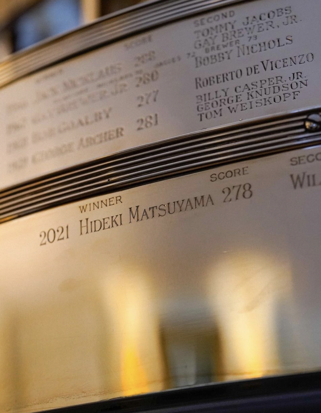 Hideki Matsuyama's name on the winners' board in Augusta.(Photo: Instagram/@themasters)