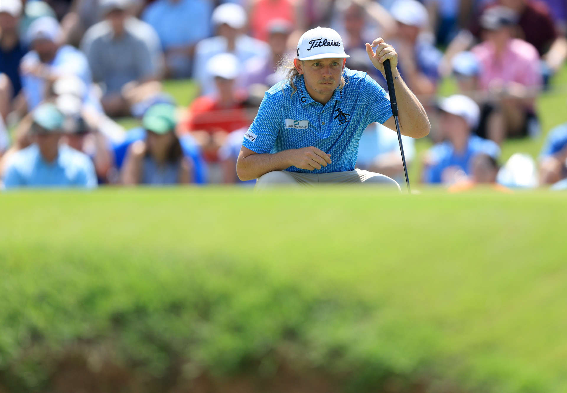 TULSA, OKLAHOMA - MAY 19: Cameron Smith of Australia lines up a putt on the fourth green during the first round of the 2022 PGA Championship at Southern Hills Country Club on May 19, 2022 in Tulsa, Oklahoma. (Photo by Sam Greenwood/Getty Images)