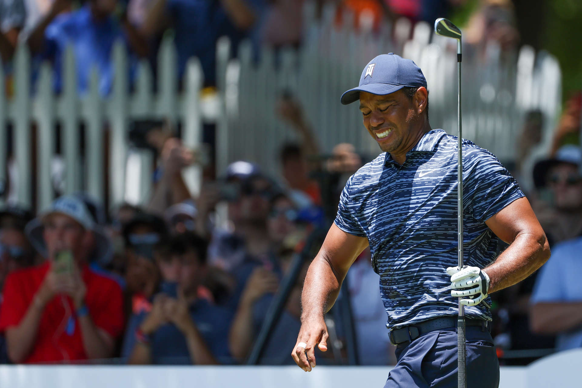 TULSA, OKLAHOMA - MAY 19: Tiger Woods of the United States reacts after his shot from the eighth tee during the first round of the 2022 PGA Championship at Southern Hills Country Club on May 19, 2022 in Tulsa, Oklahoma. (Photo by Christian Petersen/Getty Images)