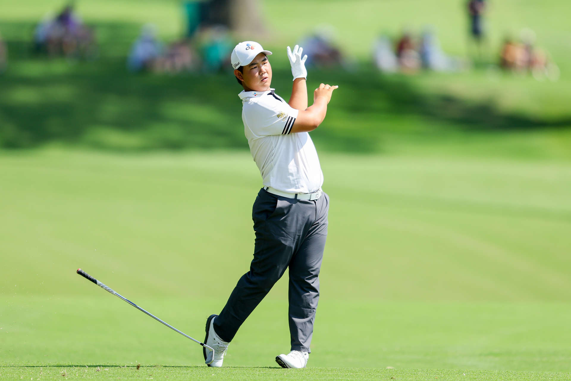 TULSA, OKLAHOMA - MAY 19: Joohyung Kim of South Korea plays his second shot on the 16th hole during the first round of the 2022 PGA Championship at Southern Hills Country Club on May 19, 2022 in Tulsa, Oklahoma. (Photo by Richard Heathcote/Getty Images)