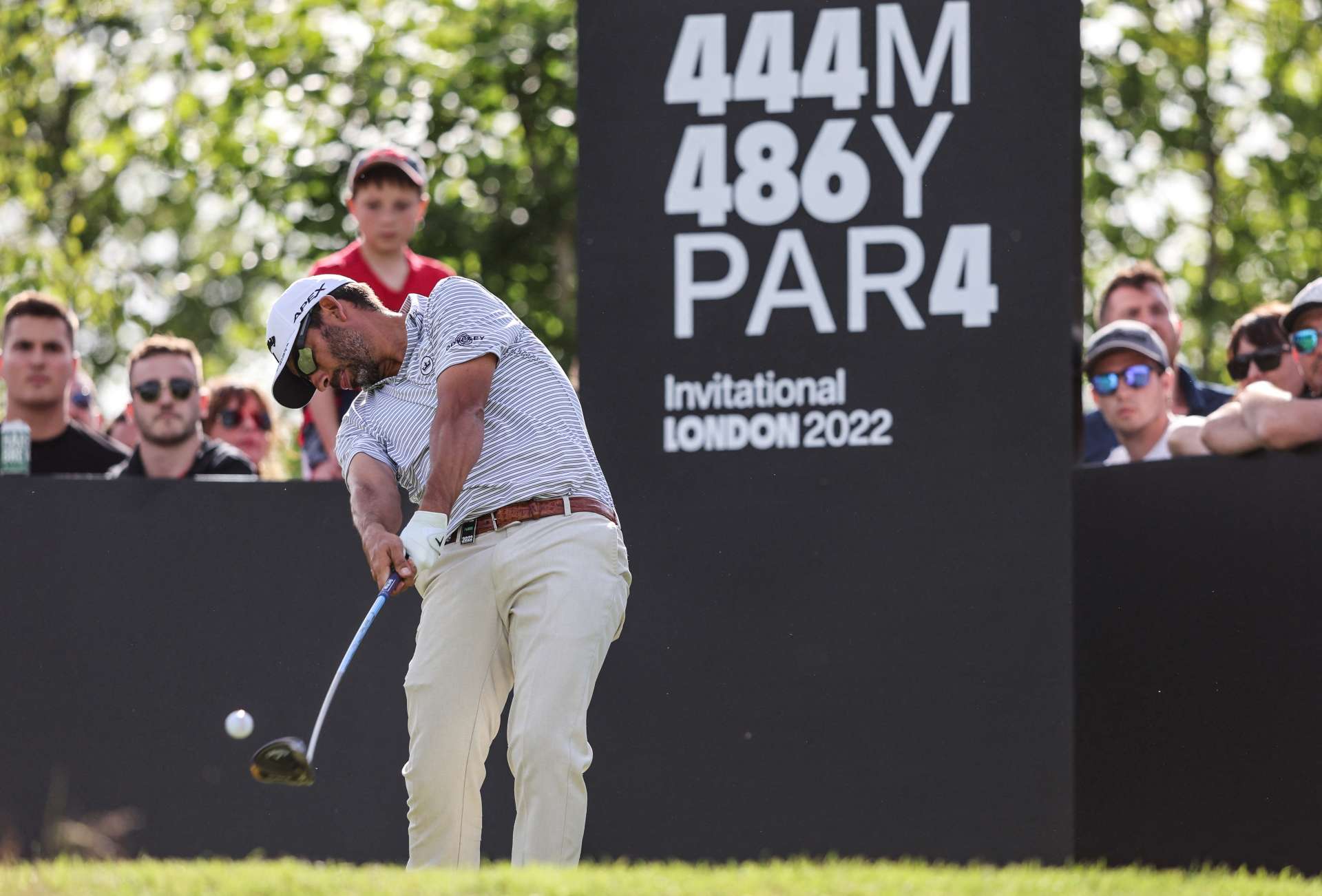 Spanish golfer Pablo Larrazabal plays a shot on the 16th hole on the third and final day of the LIV Golf Invitational Series event at The Centurion Club in St Albans, north of London, on June 11, 2022. - The LIV Golf Invitational London, the launch event of a lucrative and divisive series that is rocking the sport reaches it's conclusion. The $25 million event in St Albans -- the biggest prize pot in history -- is the first of eight tournaments this year bankrolled by Saudi Arabia's sovereign wealth fund, worth a combined $255 million. (Photo by Adrian DENNIS / AFP) (Photo by ADRIAN DENNIS/AFP via Getty Images)