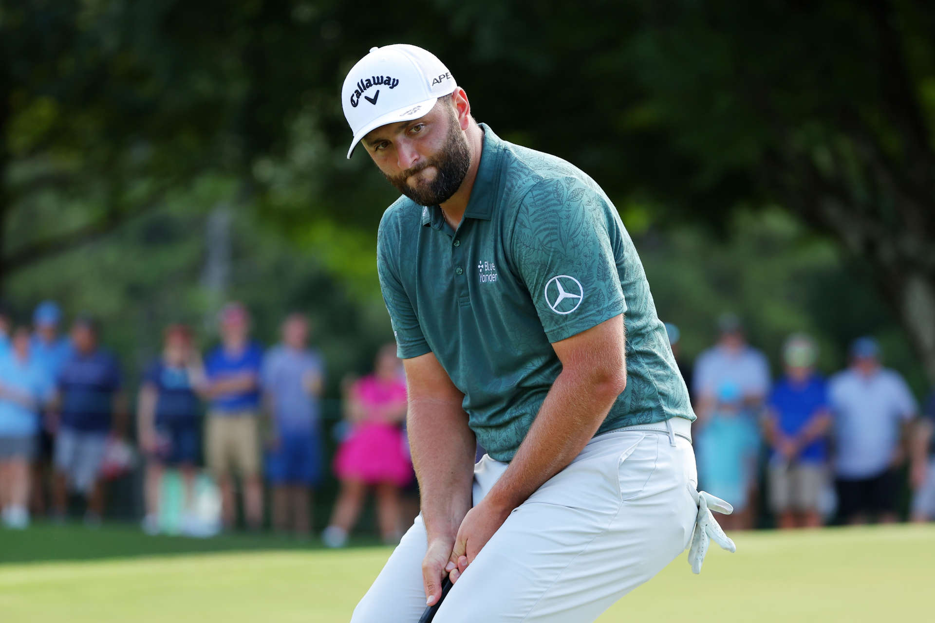 ATLANTA, GEORGIA - AUGUST 26: Jon Rahm of Spain reacts on the 17th green during the second round of the TOUR Championship at East Lake Golf Club on August 26, 2022 in Atlanta, Georgia. (Photo by Kevin C. Cox/Getty Images)