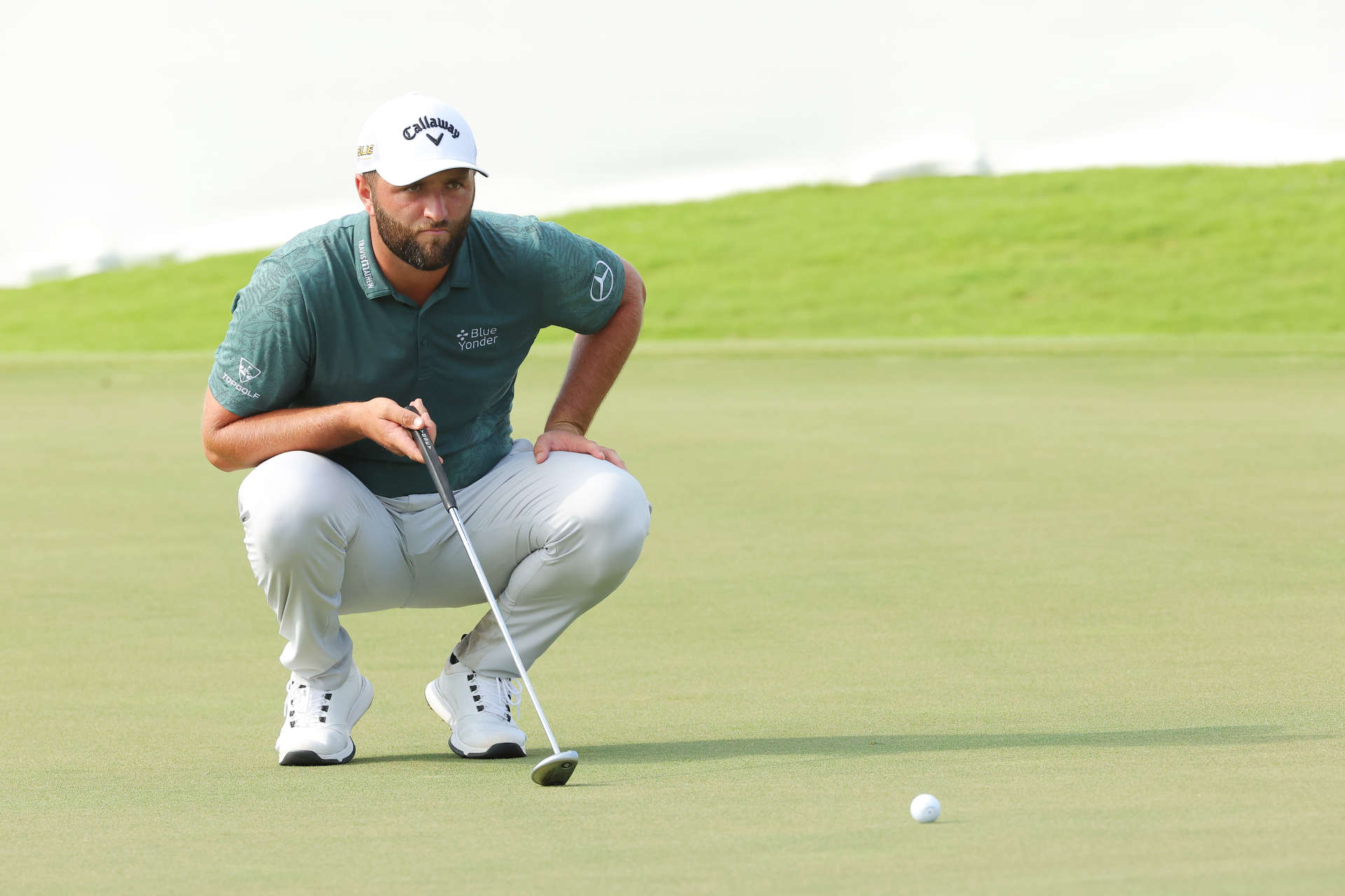 ATLANTA, GEORGIA - AUGUST 26: Jon Rahm of Spain lines up a putt on the 18th green during the second round of the TOUR Championship at East Lake Golf Club on August 26, 2022 in Atlanta, Georgia. (Photo by Kevin C. Cox/Getty Images)