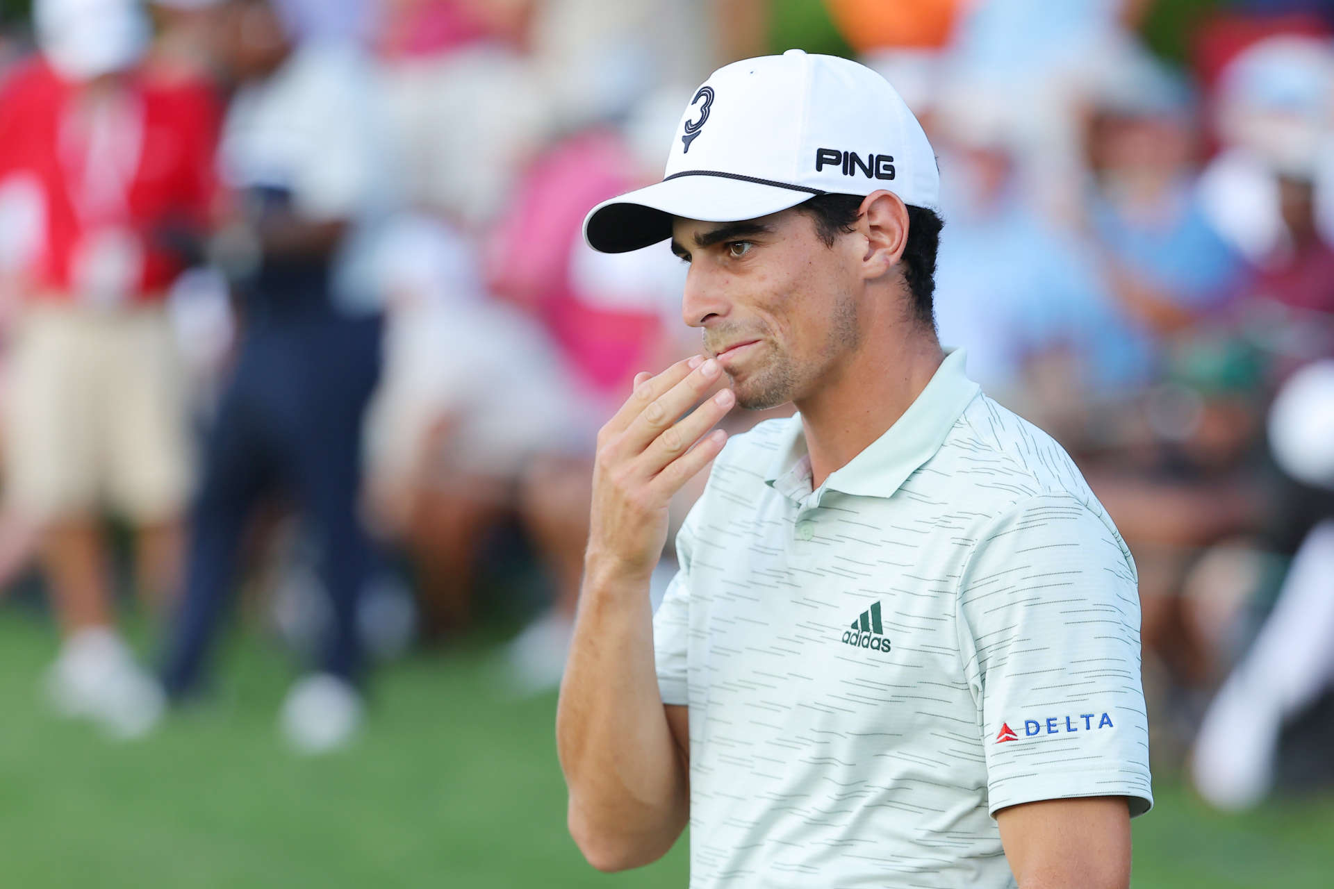 ATLANTA, GEORGIA - AUGUST 26: Joaquin Niemann of Chile reacts on the 18th green during the second round of the TOUR Championship at East Lake Golf Club on August 26, 2022 in Atlanta, Georgia. (Photo by Kevin C. Cox/Getty Images)