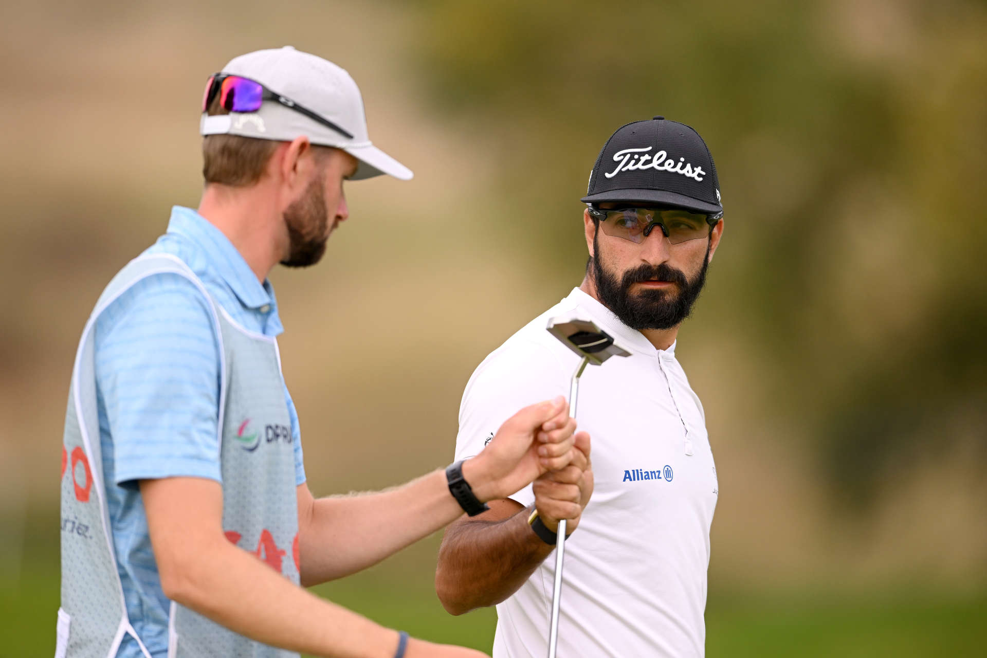 PARIS, FRANCE - SEPTEMBER 23: Francesco Laporta of Italy fist bump his caddie on the 3rd hole on Day Two of the Cazoo Open de France at Le Golf National on September 23, 2022 in Paris, France. (Photo by Ross Kinnaird/Getty Images)