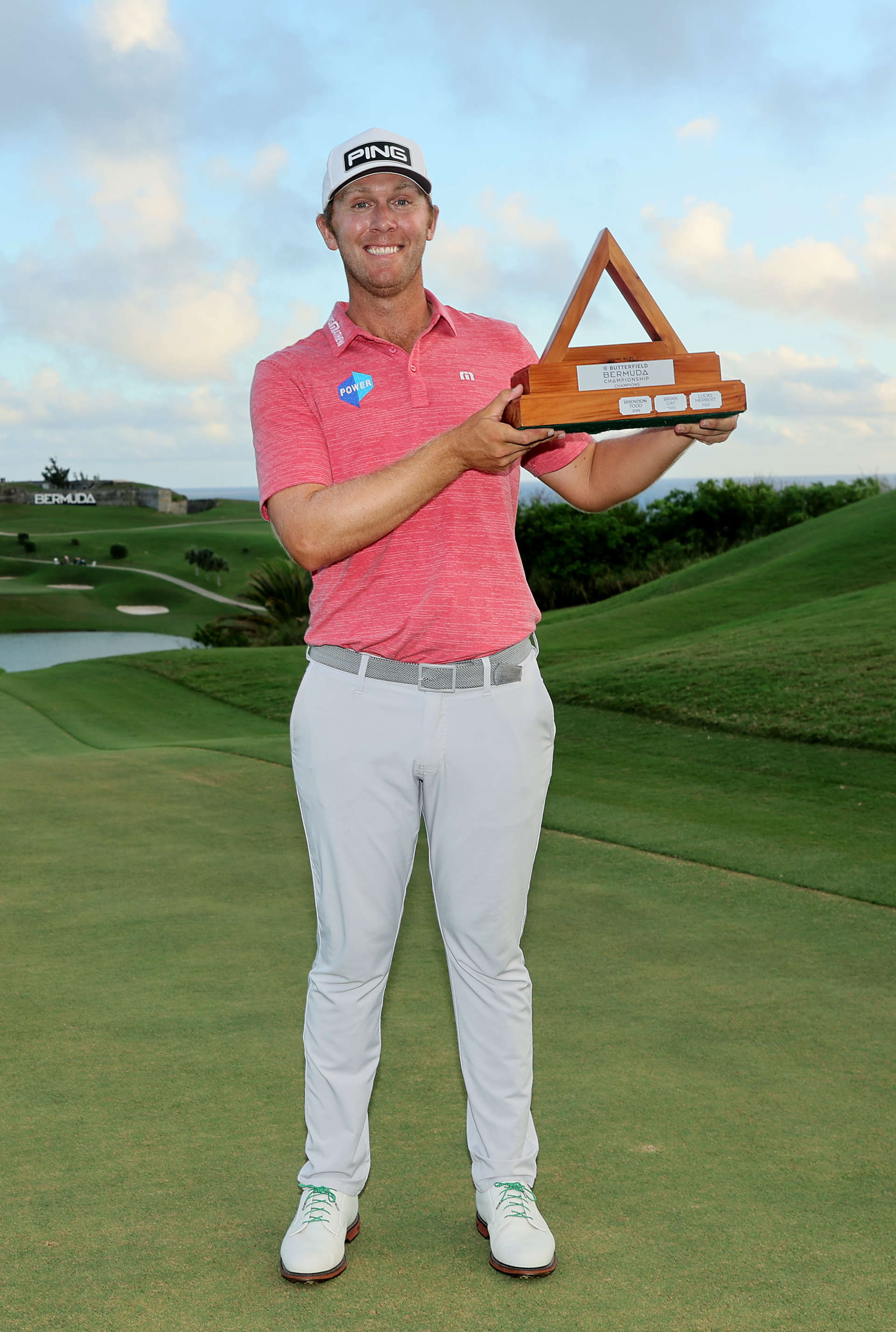 SOUTHAMPTON, BERMUDA - OCTOBER 30: Seamus Power of Ireland holds the trophy after winning the Butterfield Bermuda Championship at Port Royal Golf Course on October 30, 2022 in Southampton, . (Photo by Andy Lyons/Getty Images)