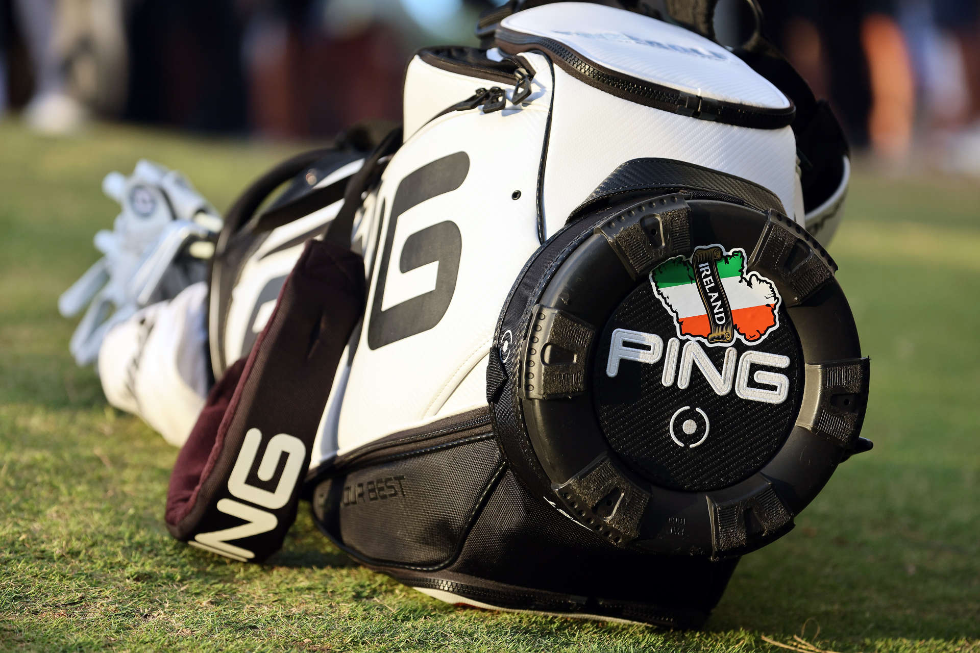 SOUTHAMPTON, BERMUDA - OCTOBER 30: A detail of an Irish flag on the bag of Seamus Power of Ireland during the final round of the Butterfield Bermuda Championship at Port Royal Golf Course on October 30, 2022 in Southampton, . (Photo by Andy Lyons/Getty Images)