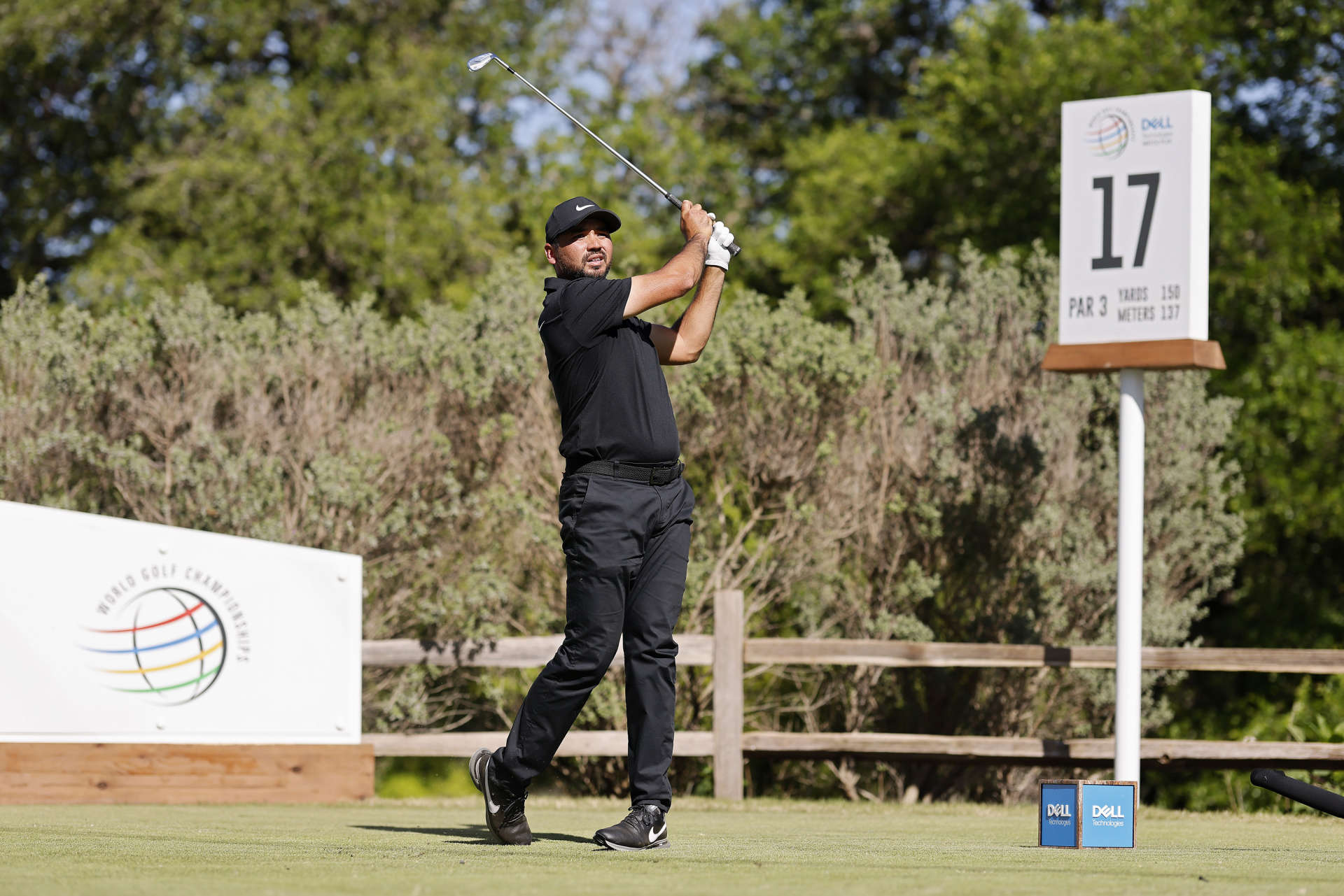 AUSTIN, TEXAS - MARCH 25: Jason Day of Australia plays his shot from the 17th tee during day four of the World Golf Championships-Dell Technologies Match Play at Austin Country Club on March 25, 2023 in Austin, Texas. (Photo by Mike Mulholland/Getty Images)