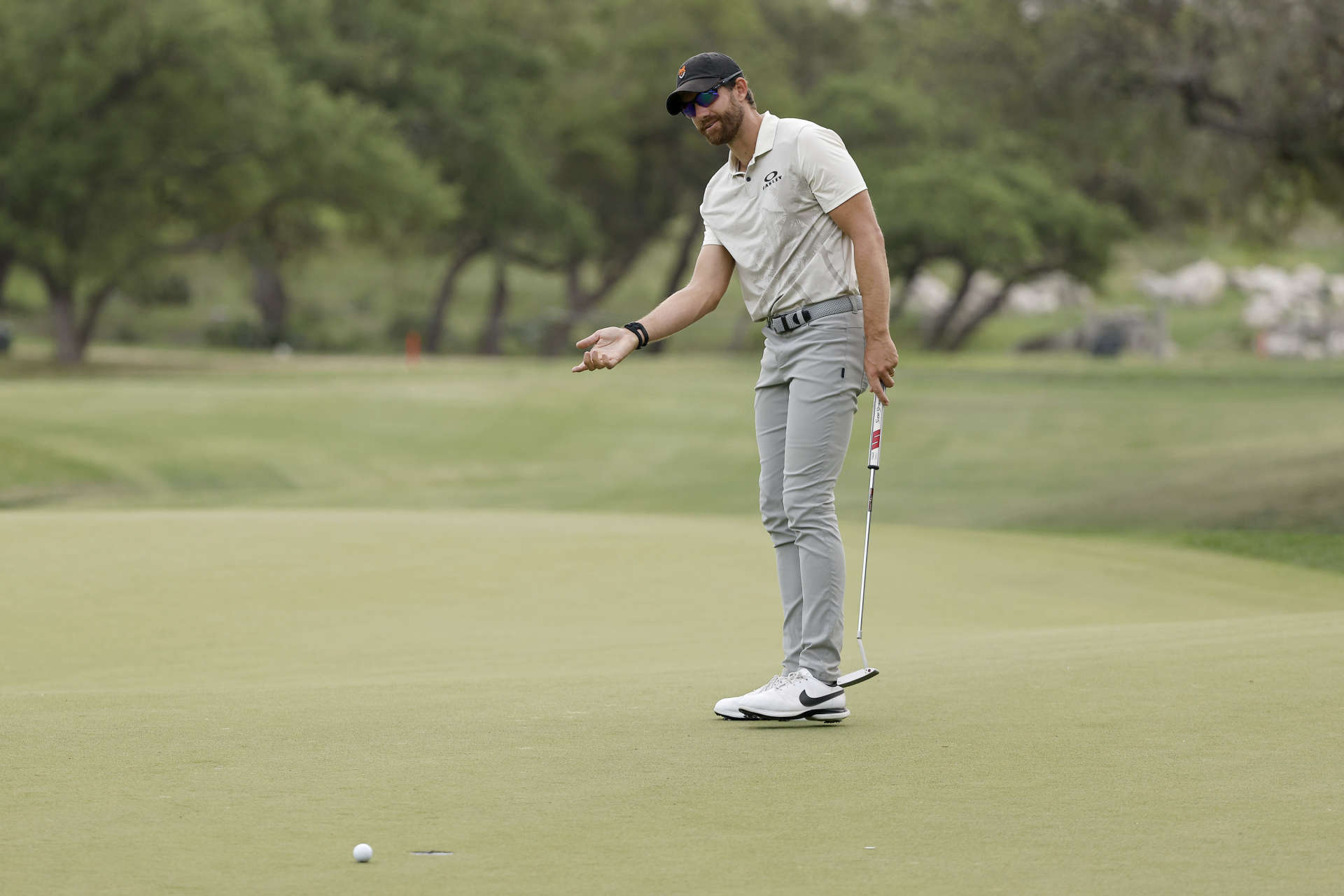 SAN ANTONIO, TEXAS - APRIL 01: Patrick Rodgers of the United States reacts after missing a putt on the 18th green during the third round of the Valero Texas Open at TPC San Antonio on April 01, 2023 in San Antonio, Texas. (Photo by Mike Mulholland/Getty Images)