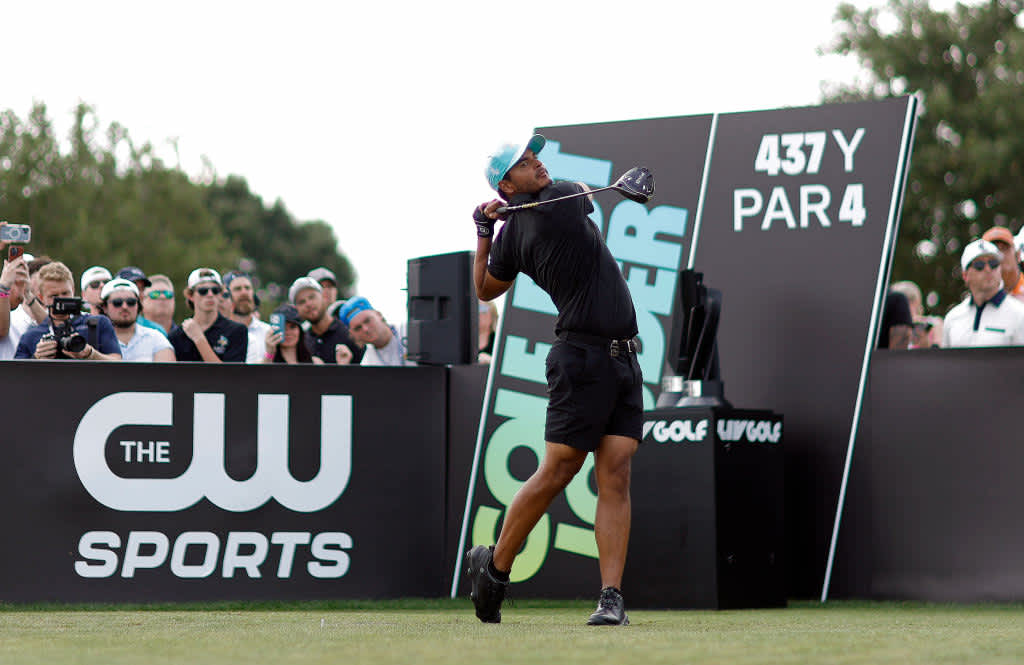 ORLANDO, FLORIDA - APRIL 02: Sebastian Munoz of Torgue GC plays his shot from the first tee during day three of the LIV Golf Invitational - Orlando at The Orange County National on April 02, 2023 in Orlando, Florida. (Photo by Mike Ehrmann/Getty Images)