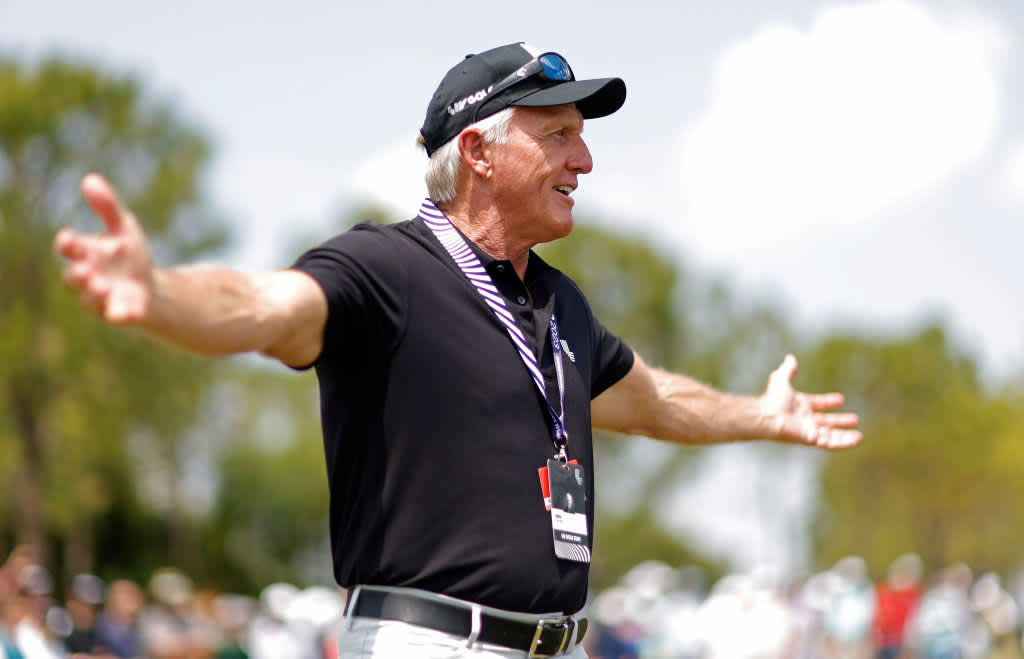 ORLANDO, FLORIDA - APRIL 02: LIV Golf CEO Greg Norman looks on during day three of the LIV Golf Invitational - Orlando at The Orange County National on April 02, 2023 in Orlando, Florida. (Photo by Mike Ehrmann/Getty Images)