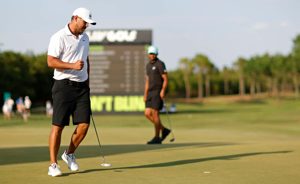 ORLANDO, FLORIDA - APRIL 02: Captain Brooks Koepka of Smash GC celebrates winning on the 18th hole during day three of the LIV Golf Invitational - Orlando at The Orange County National on April 02, 2023 in Orlando, Florida. (Photo by Mike Ehrmann/Getty Images)