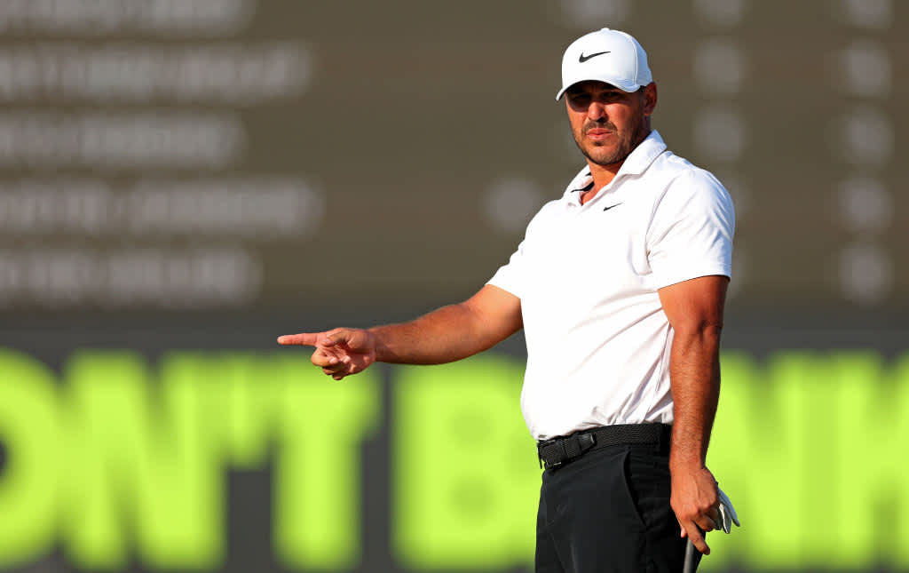 ORLANDO, FLORIDA - APRIL 02: Captain Brooks Koepka of Smash GC reacts to a putt on the 18th hole during day three of the LIV Golf Invitational - Orlando at The Orange County National on April 02, 2023 in Orlando, Florida. (Photo by Mike Ehrmann/Getty Images)