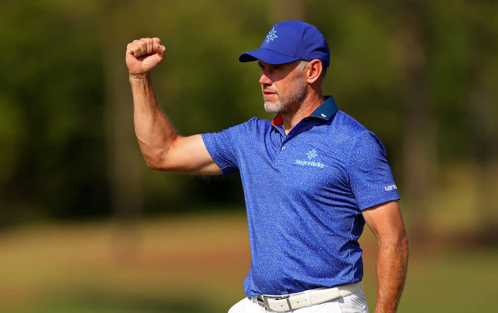 ORLANDO, FLORIDA - APRIL 02: Lee Westwood of Majesticks GC reacts to a putt on the 18th hole during day three of the LIV Golf Invitational - Orlando at The Orange County National on April 02, 2023 in Orlando, Florida. (Photo by Mike Ehrmann/Getty Images)