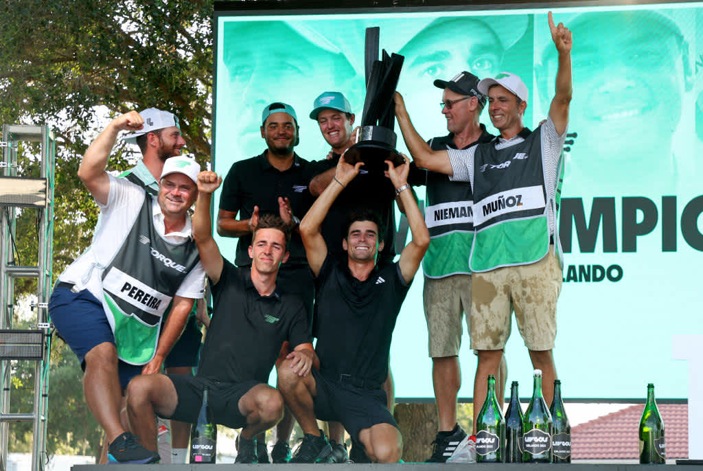 ORLANDO, FLORIDA - APRIL 02: Sebastian Munoz, Mito Pereira, Joaquin Niemann,and David Puig of Torgue GCcelebrate winning the team event at the LIV Golf Invitational - Orlando at The Orange County National on April 02, 2023 in Orlando, Florida. (Photo by Mike Ehrmann/Getty Images)