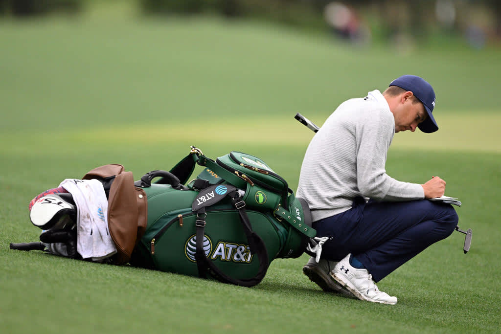 AUGUSTA, GEORGIA - APRIL 08: Jordan Spieth of the United States looks on from the third green during the third round of the 2023 Masters Tournament at Augusta National Golf Club on April 08, 2023 in Augusta, Georgia. (Photo by Ross Kinnaird/Getty Images)