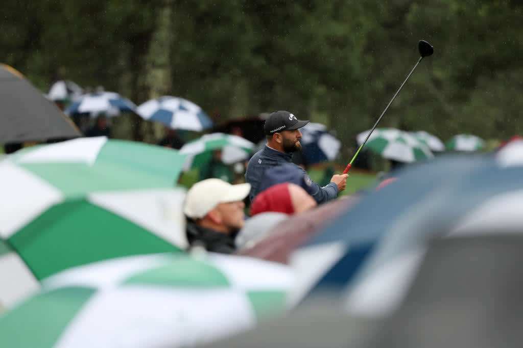 AUGUSTA, GEORGIA - APRIL 08: Jon Rahm of Spain plays his shot from the third tee during the third round of the 2023 Masters Tournament at Augusta National Golf Club on April 08, 2023 in Augusta, Georgia. (Photo by Patrick Smith/Getty Images)