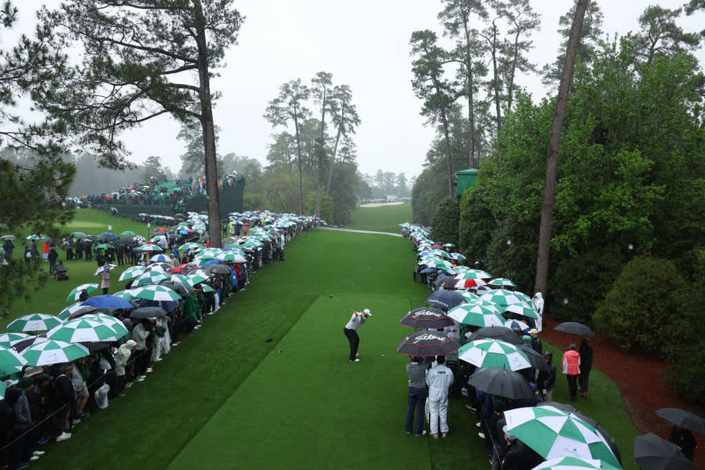 AUGUSTA, GEORGIA - APRIL 08: Jon Rahm of Spain plays his shot from the 18th tee during the continuation of the weather delayed second round of the 2023 Masters Tournament at Augusta National Golf Club on April 08, 2023 in Augusta, Georgia. (Photo by Andrew Redington/Getty Images)