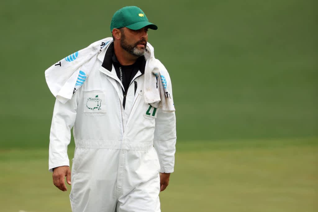 AUGUSTA, GEORGIA - APRIL 08: Jordan Spieth of the United States caddie Michael Greller looks on from the second green during the third round of the 2023 Masters Tournament at Augusta National Golf Club on April 08, 2023 in Augusta, Georgia. (Photo by Patrick Smith/Getty Images)