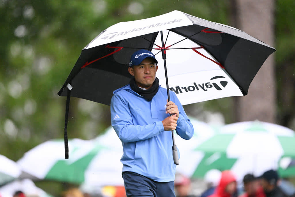 AUGUSTA, GEORGIA - APRIL 08: Collin Morikawa of the United States looks on from the fourth tee during the third round of the 2023 Masters Tournament at Augusta National Golf Club on April 08, 2023 in Augusta, Georgia. (Photo by Ross Kinnaird/Getty Images)