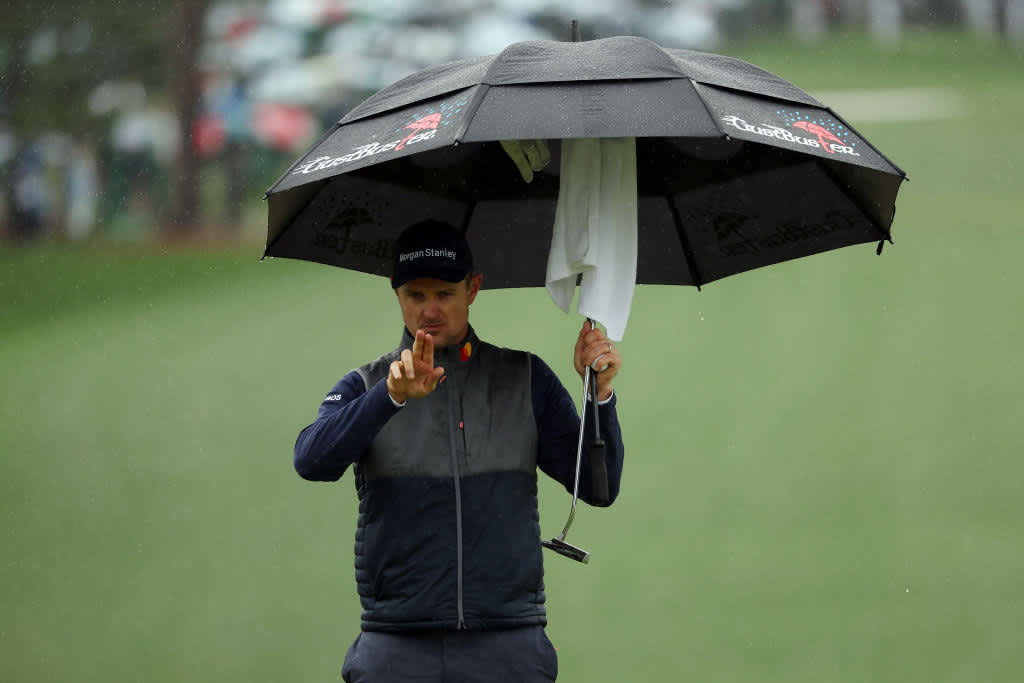 AUGUSTA, GEORGIA - APRIL 08: Justin Rose of England looks on from the seventh green during the third round of the 2023 Masters Tournament at Augusta National Golf Club on April 08, 2023 in Augusta, Georgia. (Photo by Patrick Smith/Getty Images)