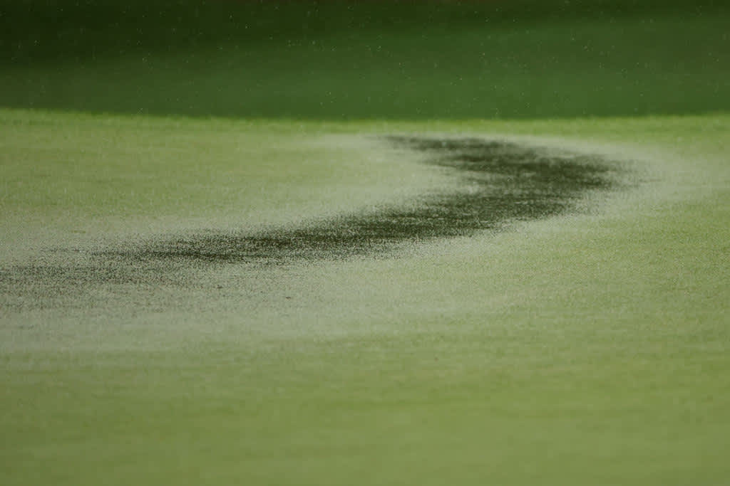 AUGUSTA, GEORGIA - APRIL 08: A detail of standing water on the seventh green during the third round of the 2023 Masters Tournament at Augusta National Golf Club on April 08, 2023 in Augusta, Georgia. (Photo by Patrick Smith/Getty Images)