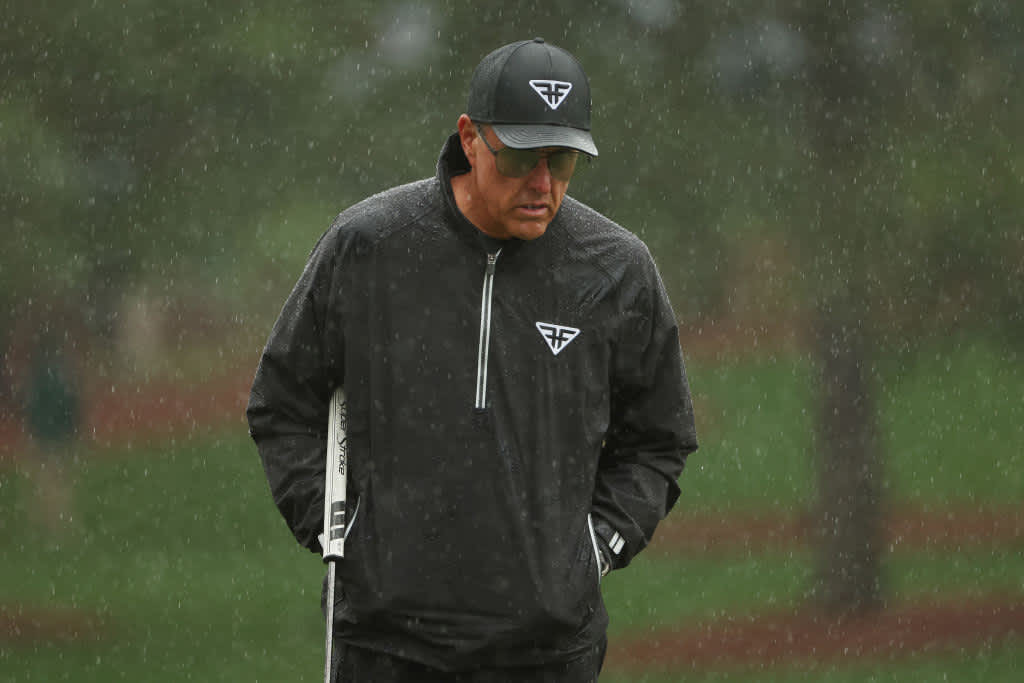 AUGUSTA, GEORGIA - APRIL 08: Phil Mickelson of the United States looks on from the seventh green during the third round of the 2023 Masters Tournament at Augusta National Golf Club on April 08, 2023 in Augusta, Georgia. (Photo by Patrick Smith/Getty Images)