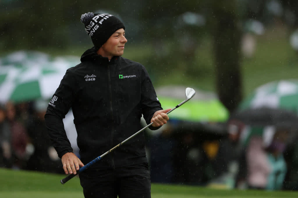 AUGUSTA, GEORGIA - APRIL 08: Viktor Hovland of Norway looks on from the seventh green during the third round of the 2023 Masters Tournament at Augusta National Golf Club on April 08, 2023 in Augusta, Georgia. (Photo by Patrick Smith/Getty Images)