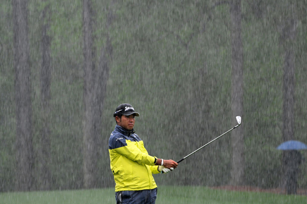 AUGUSTA, GEORGIA - APRIL 08: Hideki Matsuyama of Japan plays a shot on the 12th hole during the third round of the 2023 Masters Tournament at Augusta National Golf Club on April 08, 2023 in Augusta, Georgia. (Photo by Ross Kinnaird/Getty Images)