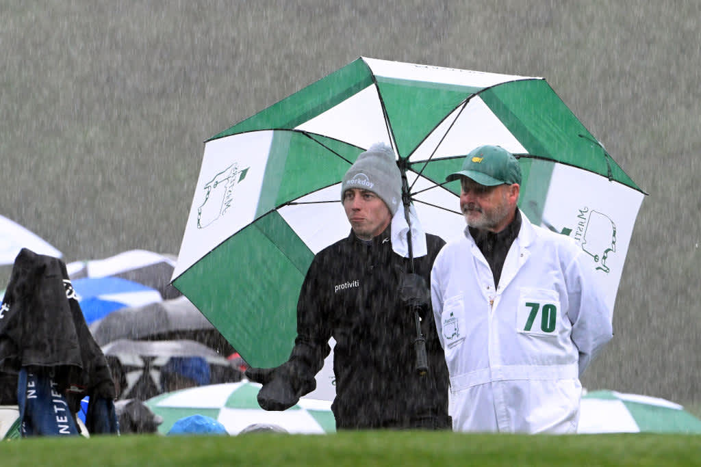 AUGUSTA, GEORGIA - APRIL 08: Matt Fitzpatrick of England talks with his caddie Billy Foster on the 12th hole during the third round of the 2023 Masters Tournament at Augusta National Golf Club on April 08, 2023 in Augusta, Georgia. (Photo by Ross Kinnaird/Getty Images)