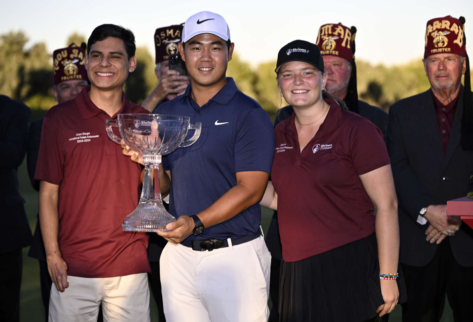 LAS VEGAS, NEVADA - OCTOBER 15: Tom Kim of South Korea during the trophy presentation after putting in to win during the final round of the Shriners Children's Open at TPC Summerlin on October 15, 2023 in Las Vegas, Nevada. (Photo by Orlando Ramirez/Getty Images)