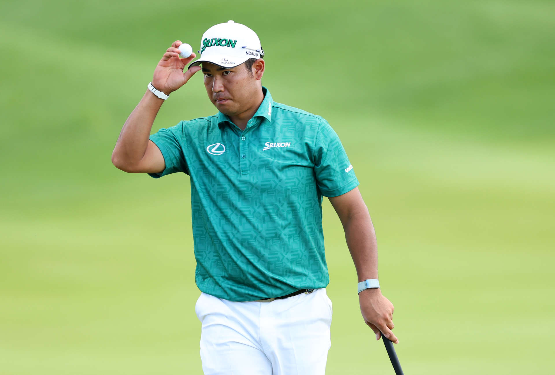 LOUISVILLE, KENTUCKY - MAY 18: Hideki Matsuyama of Japan reacts after a putt on the 18th green during the third round of the 2024 PGA Championship at Valhalla Golf Club on May 18, 2024 in Louisville, Kentucky. (Photo by Michael Reaves/Getty Images)