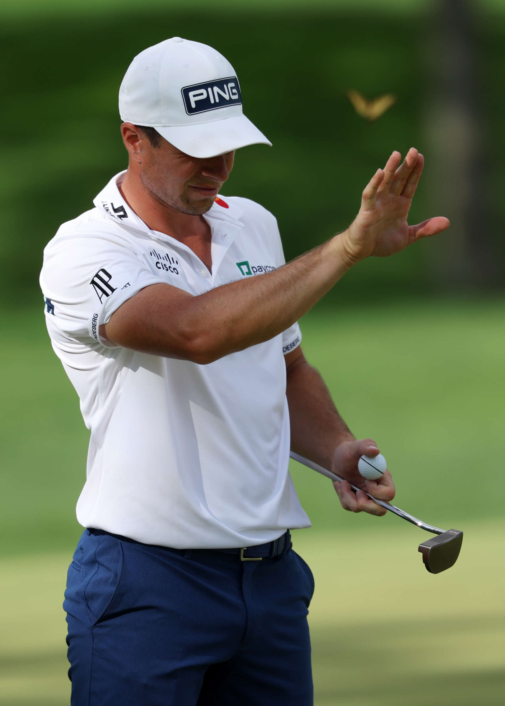 LOUISVILLE, KENTUCKY - MAY 18: Viktor Hovland of Norway lines up a putt during the third round of the 2024 PGA Championship at Valhalla Golf Club on May 18, 2024 in Louisville, Kentucky. (Photo by Patrick Smith/Getty Images)
