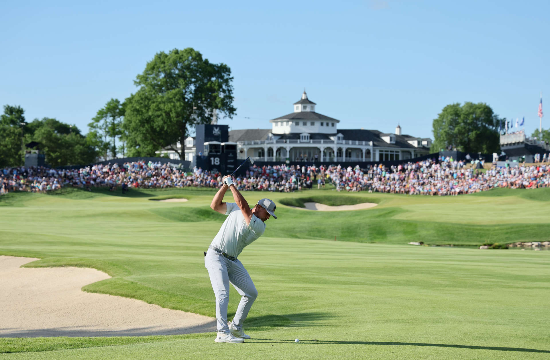 LOUISVILLE, KENTUCKY - MAY 18: Bryson DeChambeau of the United States plays a second shot on the 18th hole during the third round of the 2024 PGA Championship at Valhalla Golf Club on May 18, 2024 in Louisville, Kentucky. (Photo by Andy Lyons/Getty Images)