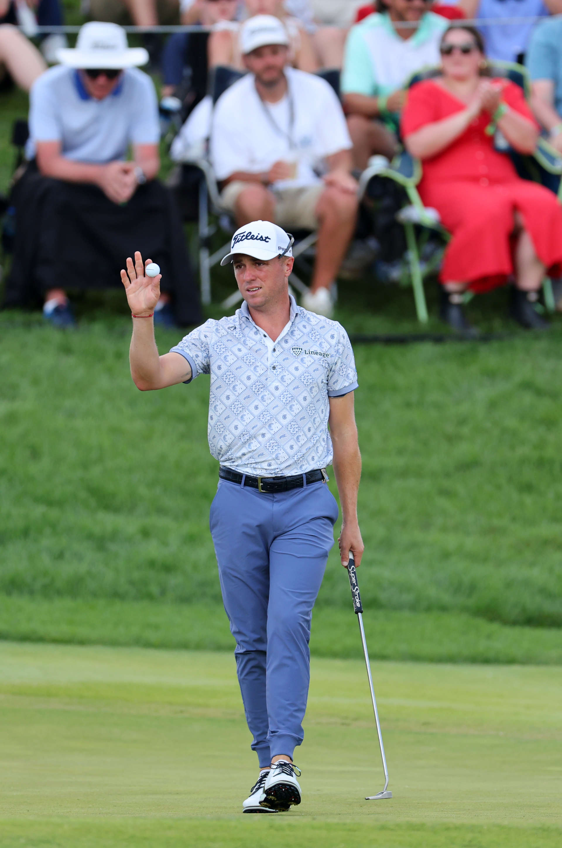 LOUISVILLE, KENTUCKY - MAY 18: Justin Thomas of the United States reacts on the 18th green during the third round of the 2024 PGA Championship at Valhalla Golf Club on May 18, 2024 in Louisville, Kentucky. (Photo by Michael Reaves/Getty Images)